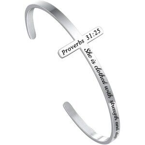 Dainty Stainless Steel Cross Bracelet - Engraved Quote for Faith and Strength